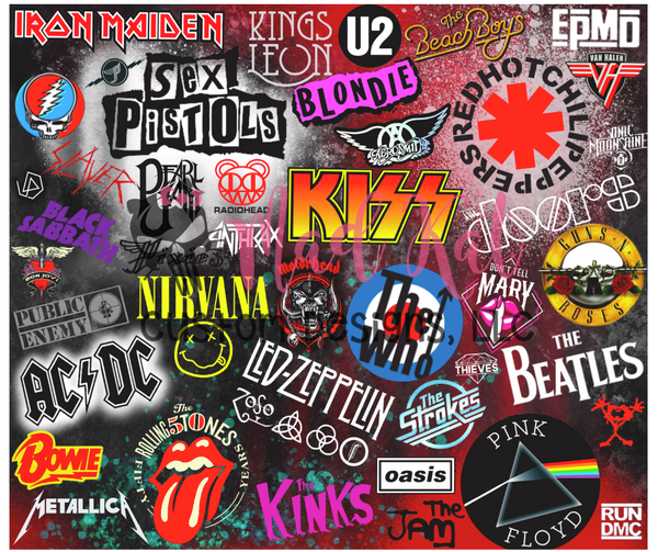 classic rock band logos collage